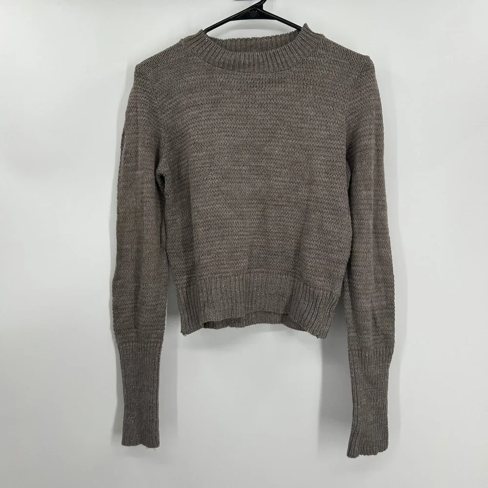 Express Womens Taupe Brown Metallic Shimmer Mock Neck Cropped Sweater Small 0880